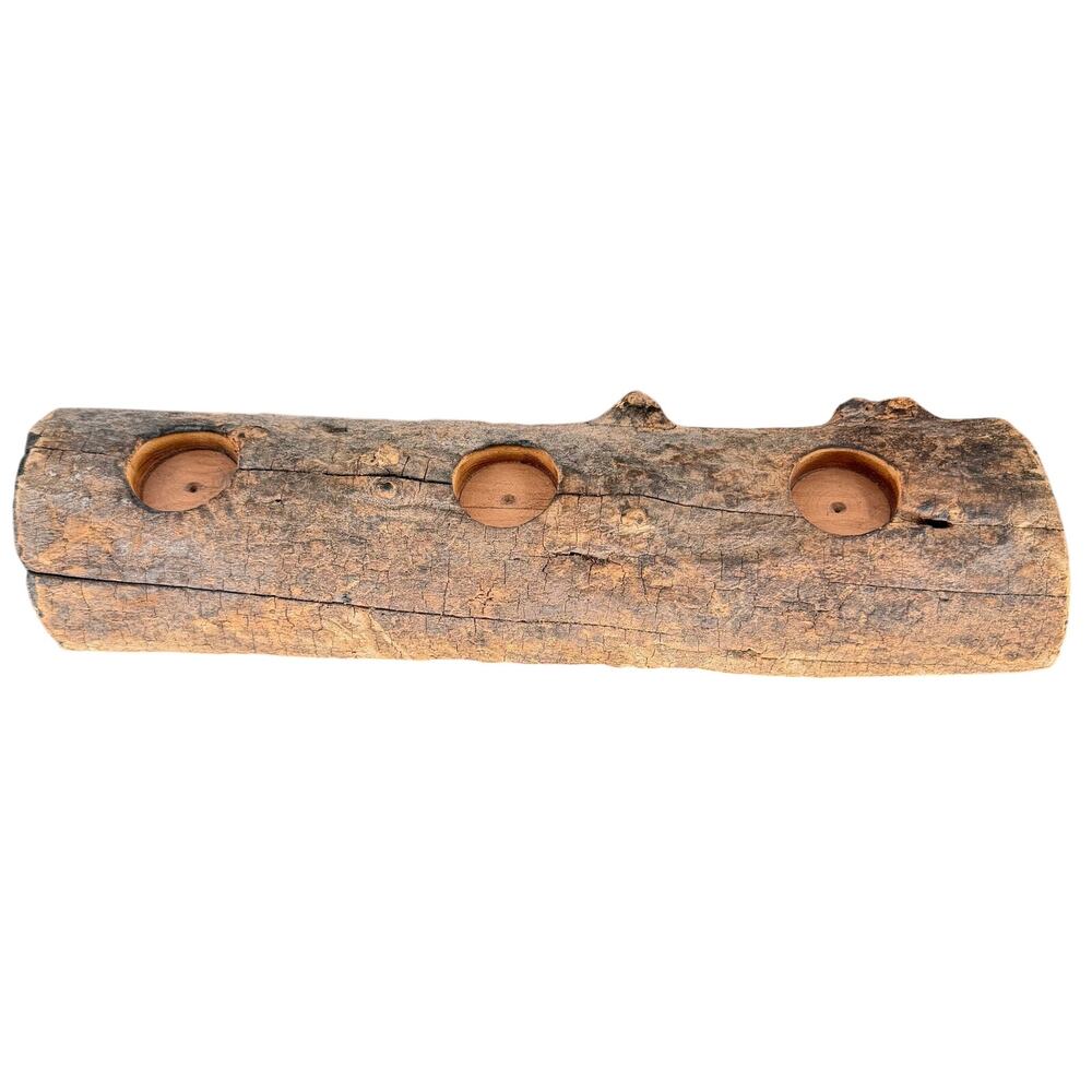 Primitive Natural Log Wood Candleholder 3 Hole Votive Tealight Centerpiece Cabin